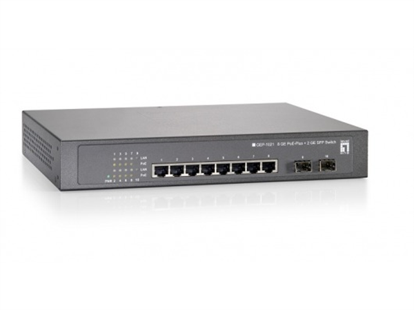 10-Port Gigabit Ethernet PoE+ Switch, incl 2 x SFP, 250W